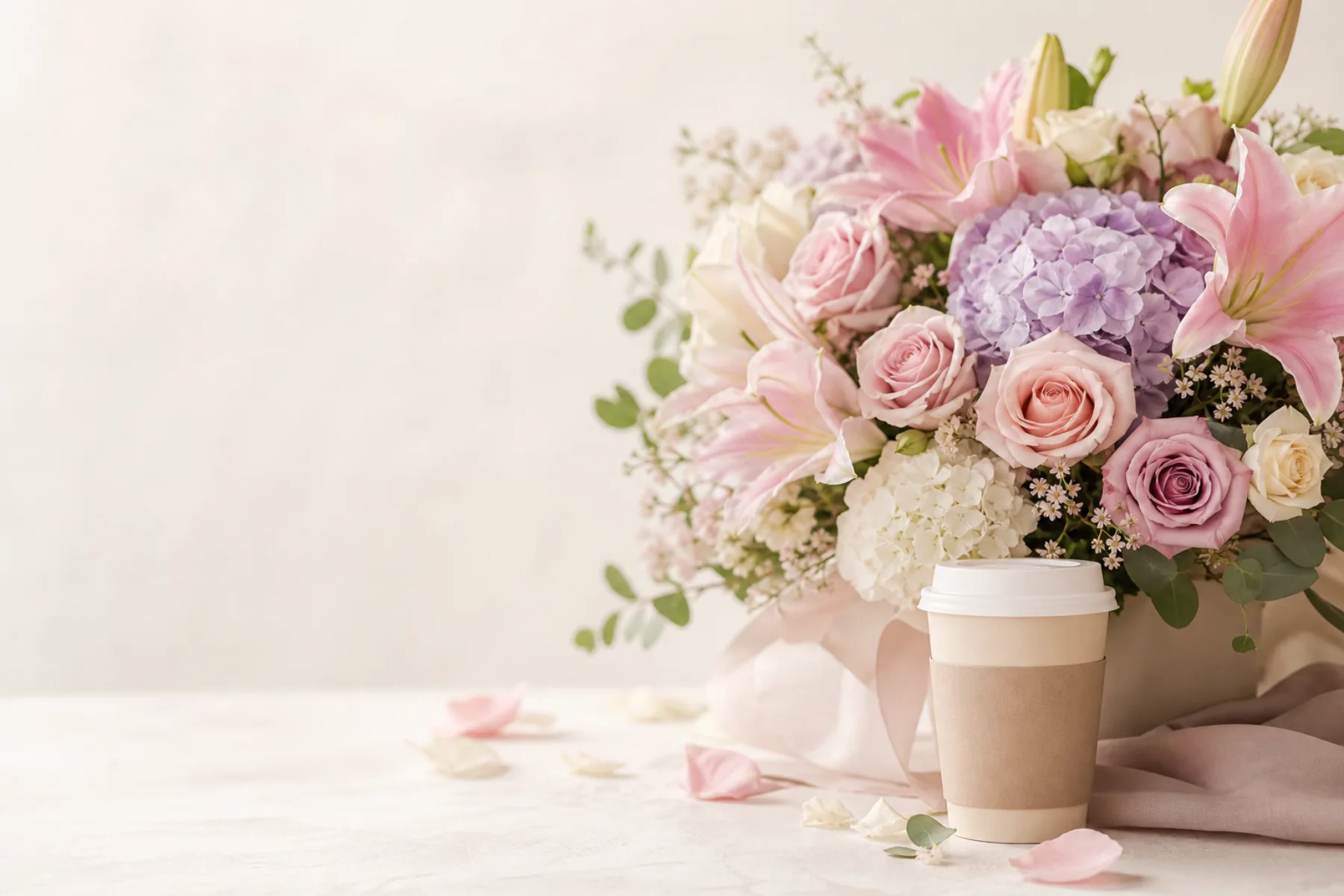 Fresh pastel bouquet with a takeaway coffee — flower delivery in Prilep
