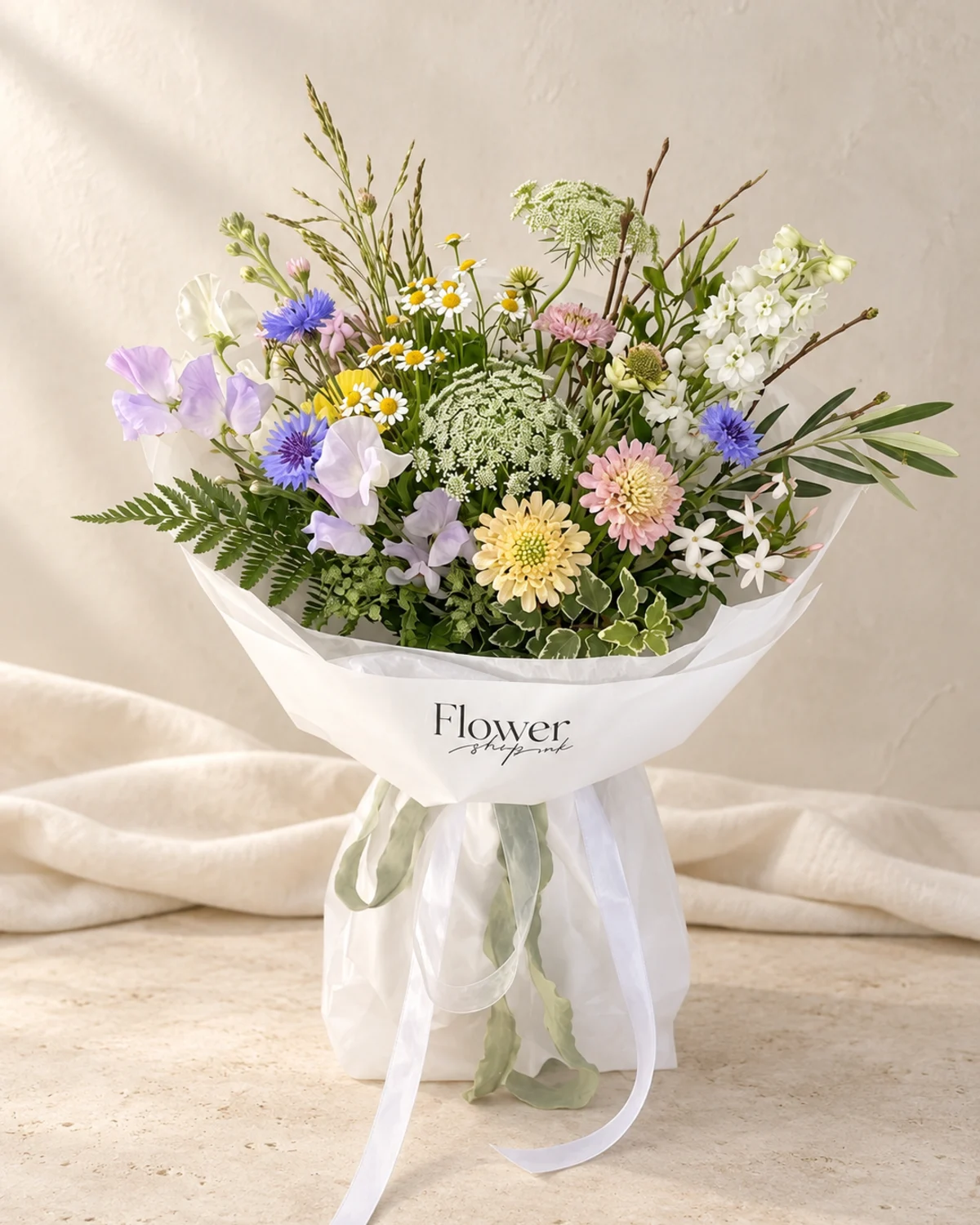 Garden-style bouquet with chamomile, cornflowers, sweet peas and ammi - flower delivery in Prilep