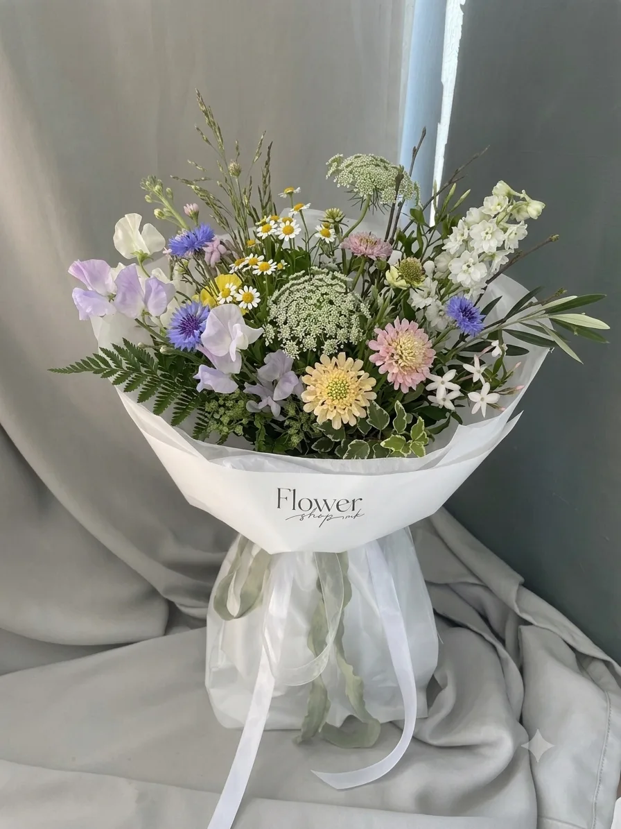 Garden-style bouquet with chamomile, cornflowers, sweet peas and ammi - flower delivery in Prilep