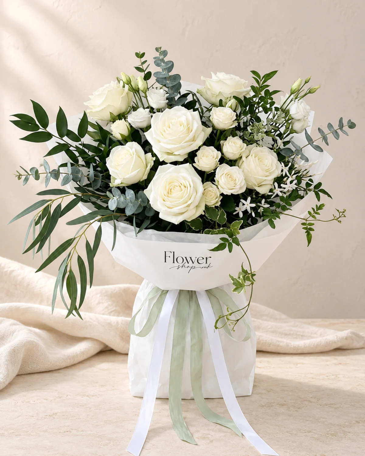 Pure Love white rose and lisianthus bouquet with eucalyptus - flower delivery in Prilep