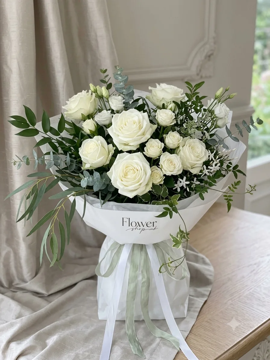 Pure Love white rose and lisianthus bouquet with eucalyptus - flower delivery in Prilep