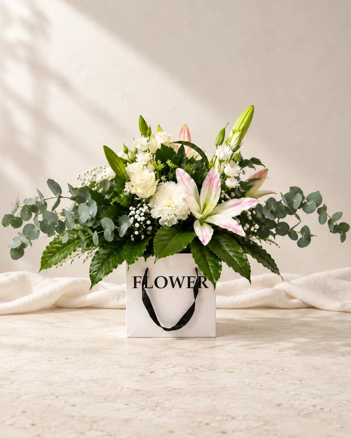 Signature flower box with white roses and pink lily - flower delivery in Prilep
