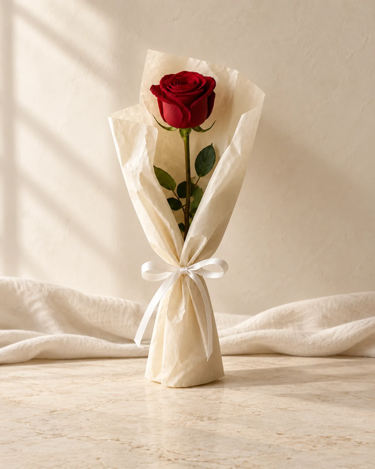 Single red rose wrapped in cream paper - flower delivery in Prilep