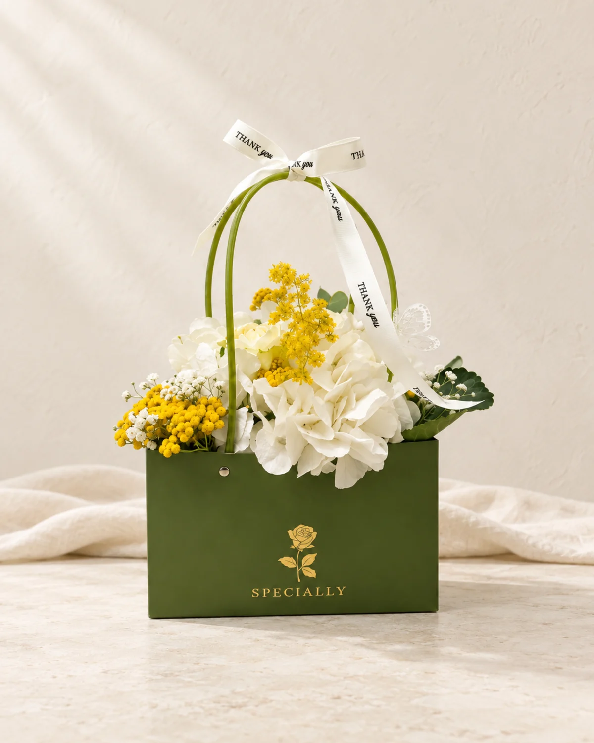 Special flower box with white hydrangea and mimosa - flower delivery in Prilep