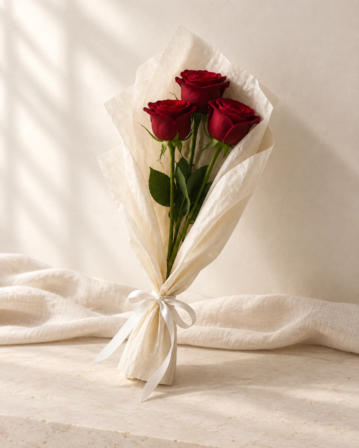Three red roses hand-wrapped bouquet - flower delivery in Prilep